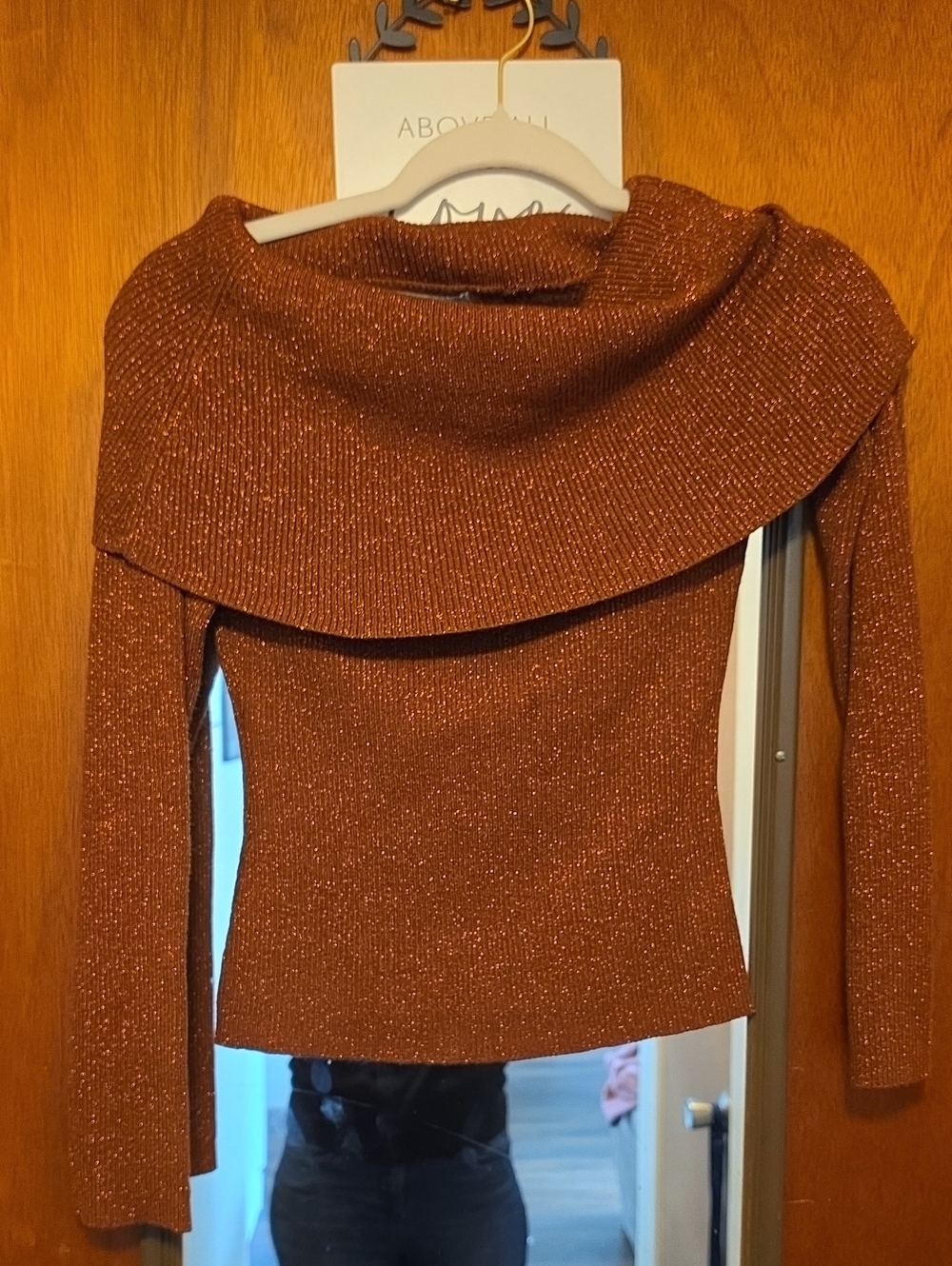 Metallic Ribbed Cowlneck Sweater - Rust